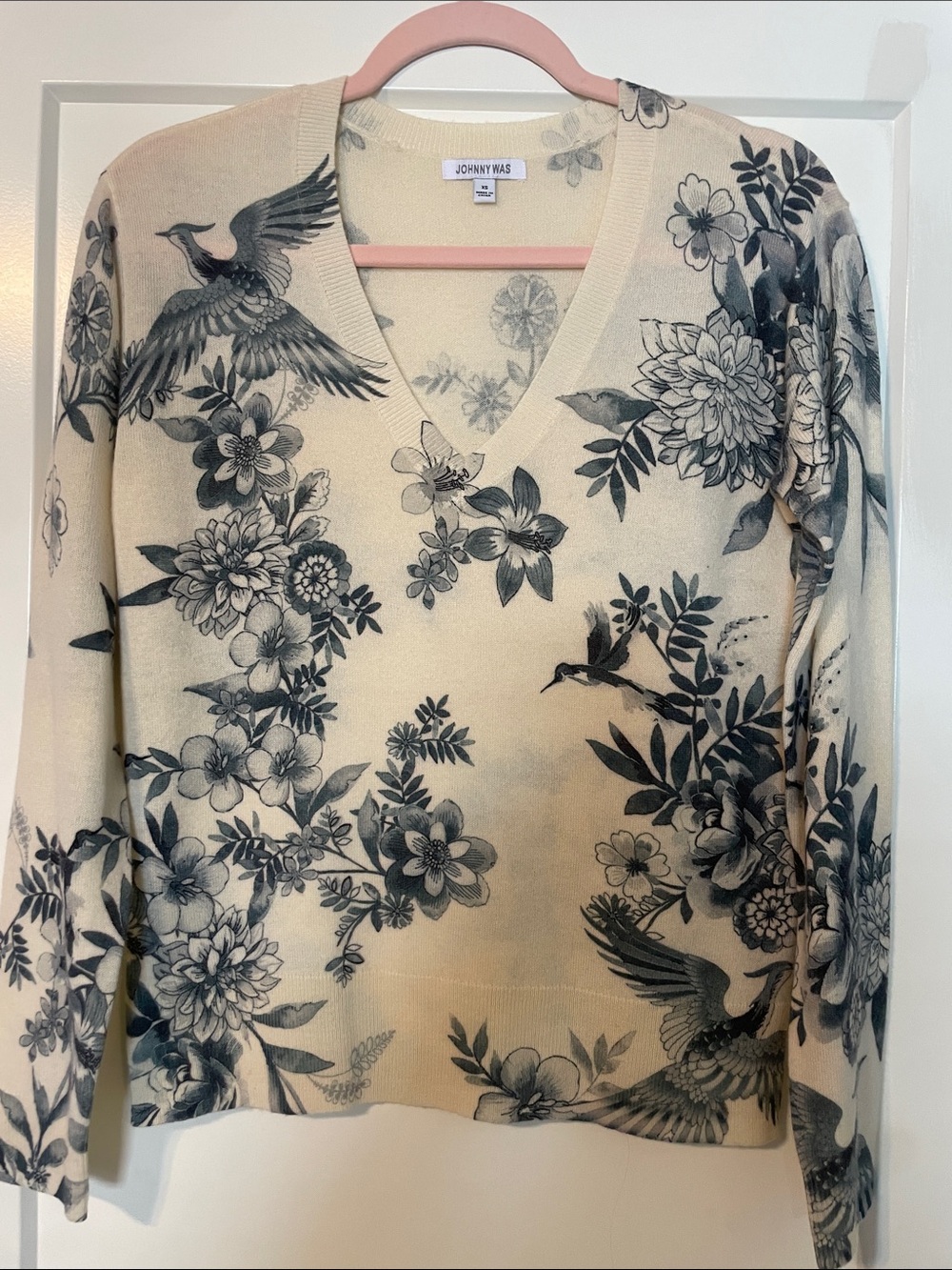 Johnny Was Cream V-Neck Sweater with Black Floral & Bird Print